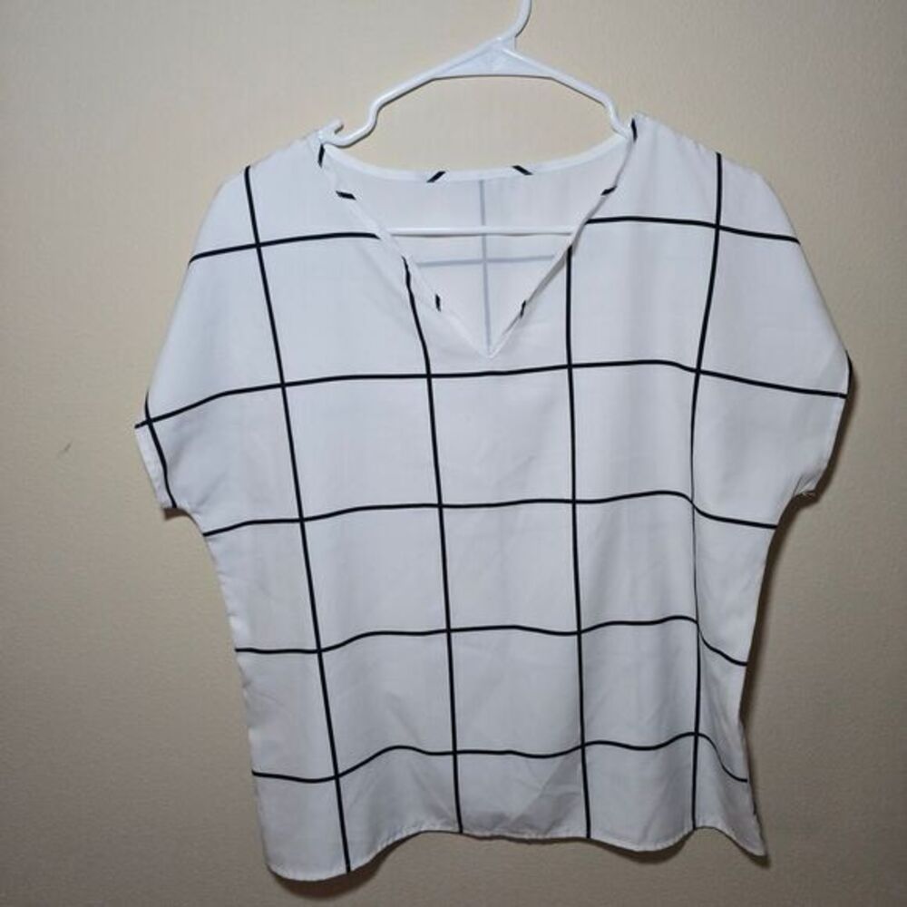 Minimalist White Grid Pattern V-Neck Blouse Short Sleeve Summer‎ Top